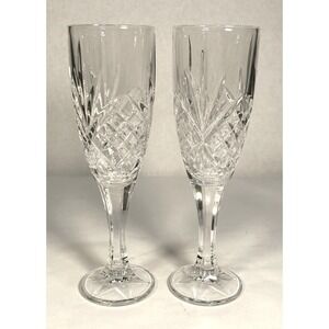 Set 2 Cut Glass Champagne Flutes Clear Diamond Fan Pattern Hexagon Base‎ 8.25in